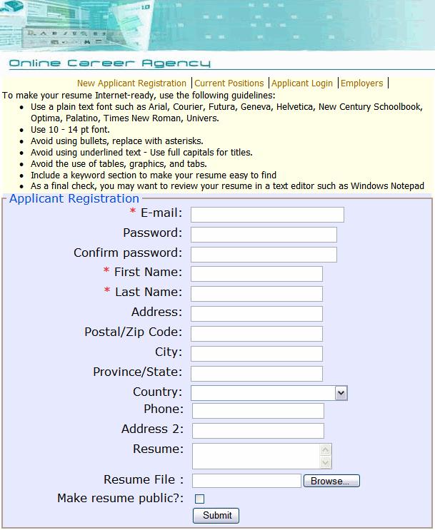 The Applicant Registration Page Figure 1-5 Applicant Registration Page The Applicant Registration Page (Figure 1-5) gathers the following information from first-time applicants within the Online
