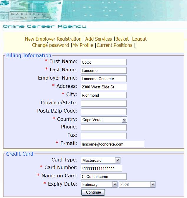 The Checkout Page Figure 1-13 Checkout Page The Checkout Page requires employers to submit billing and credit card information to process their order.