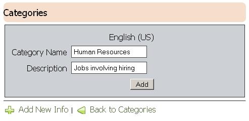 Adding a new Job Category Figure 6-6 Categories Details Page 1) Click Categories from the right-hand Main Page. Click the Add New Info button from the Categories page.