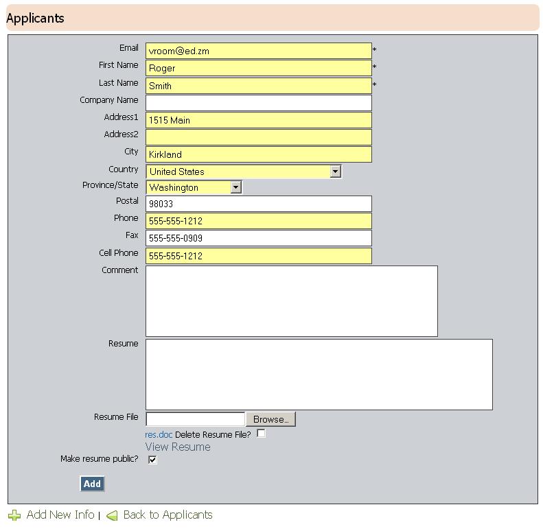 Adding a New Applicant Figure 7-2 Applicants Detail page 1) To add a new applicant, access the Applicants page (using a blank Search Applicants search) and click the Add New Info button.