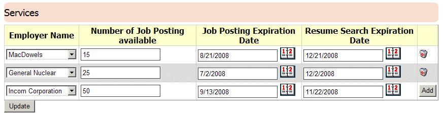 Managing Employer Services Figure 8-7 Employer Services page The Employer Services page (Figure 8-7) allows you to view, edit and delete services for each registered employer.