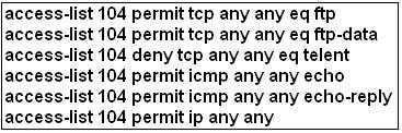 The question does not ask about ftp traffic so we don't care about the two first lines. The 3rd line denies all telnet traffic and the 4th line allows icmp traffic to be sent (ping).