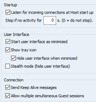 Program options Startup: Check this setting to have the Host service initialize communication when the service is loaded.