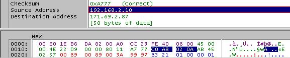 window lists the captured packets. The middle window shows the detail of the selected packet in the top window, and the bottom window shows the HEX values for the packet.