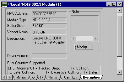 The Description tab reveals the MAC address, manufacturer, and model of the NIC. It also shows which Error Counters are on.