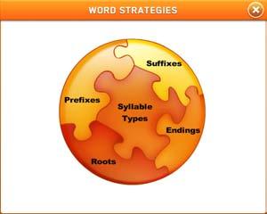 Word Strategies Clicking Word Strategies displays a puzzle with five pieces as the five strategies that System 44 Next Generation teaches to break down large