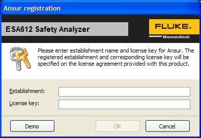 Getting Started Configuring the Plug-In for AAMI Safety Tests 2 Figure 2-2. Ansur Registration Screen - License Key gbv04.bmp 2. Enter the Establishment Name and the Plug-In license key.