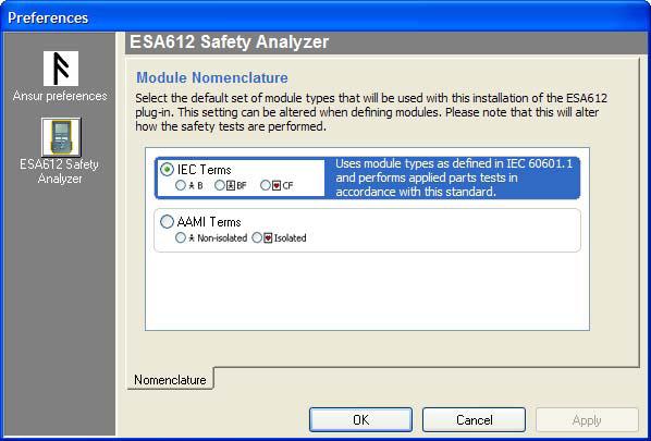 Ansur ESA612 Users Manual uses protection classes Non-Isolated and Isolated. IEC terms are used for the English (default) user interface language. AAMI terms are used for the English US language.