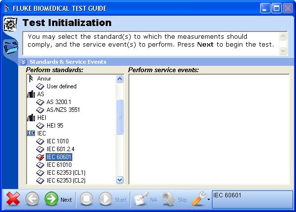 Select the standard from the list in the Test Initialization window shown in Figure 3-5 that corresponds with the selected test template.