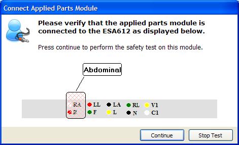 ESA612 Test Templates Basic Test Reports 4 Figure 4-11. Connect Applied Parts Window gbv47.bmp 3.
