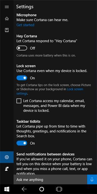 To set up Cortana to respond automatically: 1 Open the search bar, tap (Notebook), and then tap (Settings).