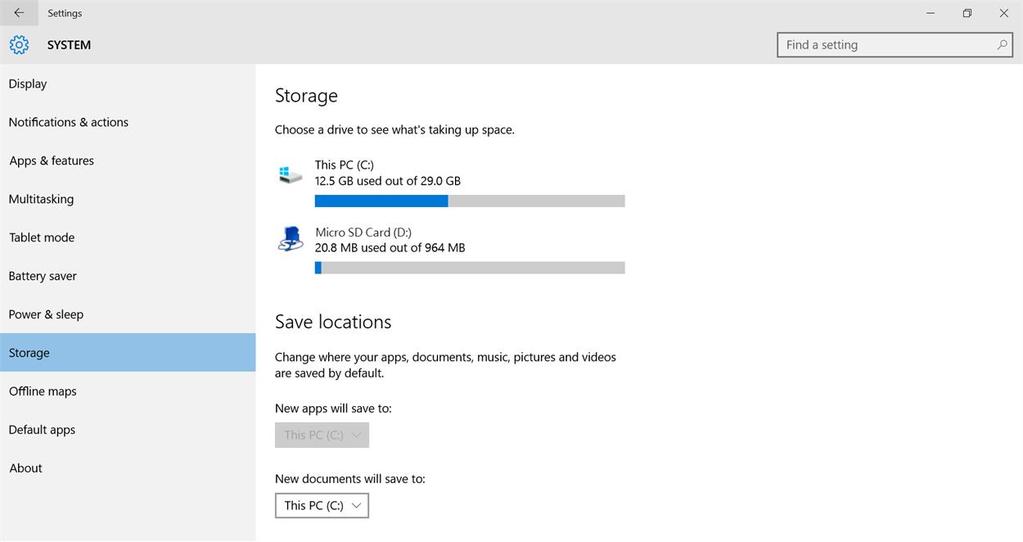 Manage storage space Learn how to keep your tablet running at peak efficiency by managing your storage space. View storage space 1. Open Settings System Storage. 2.