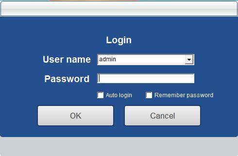 Login dialog Figure (4) "User name" default: admin "Password" default: empty "Remember Password" Checked, when re-entering the management software, there is no