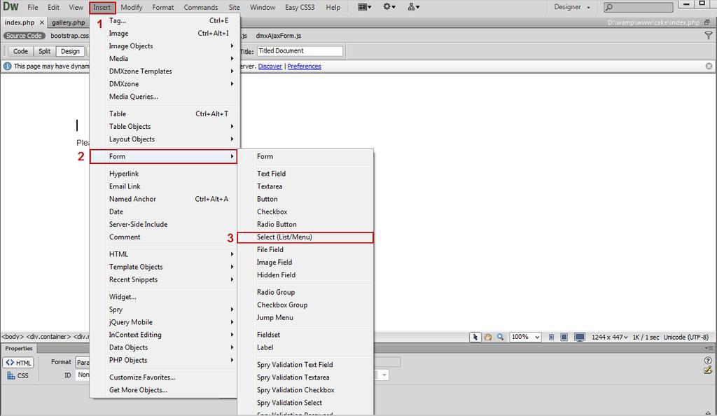 2. First, we re going to insert a form containing a select/list menu.