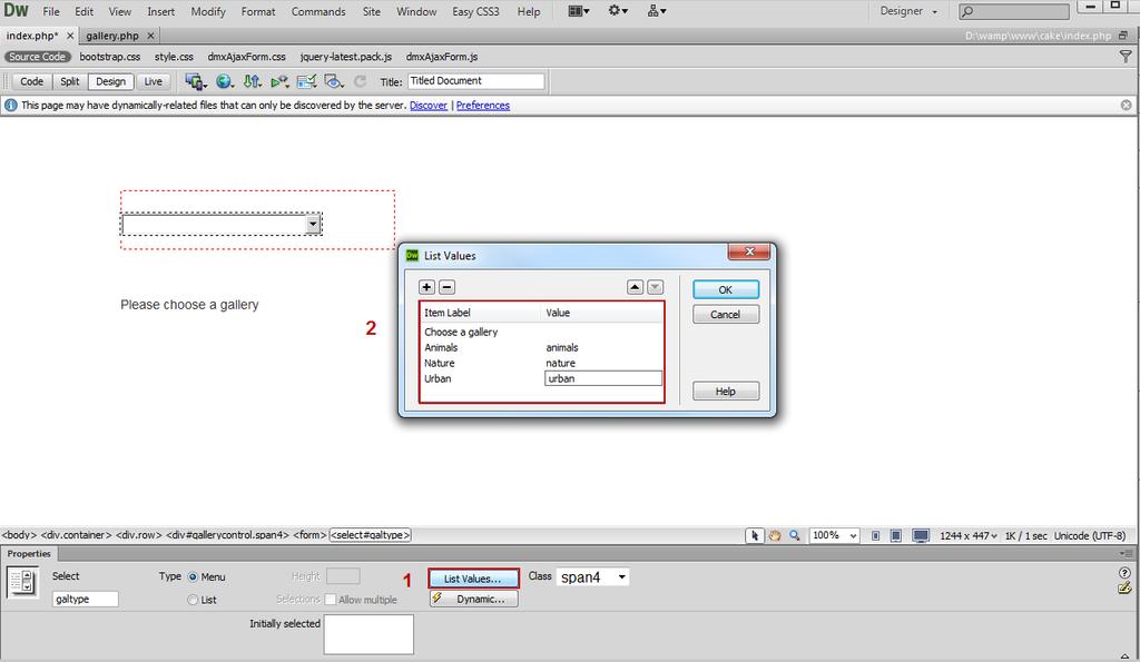 4. Click the List values button (1) in order to add options to the menu.