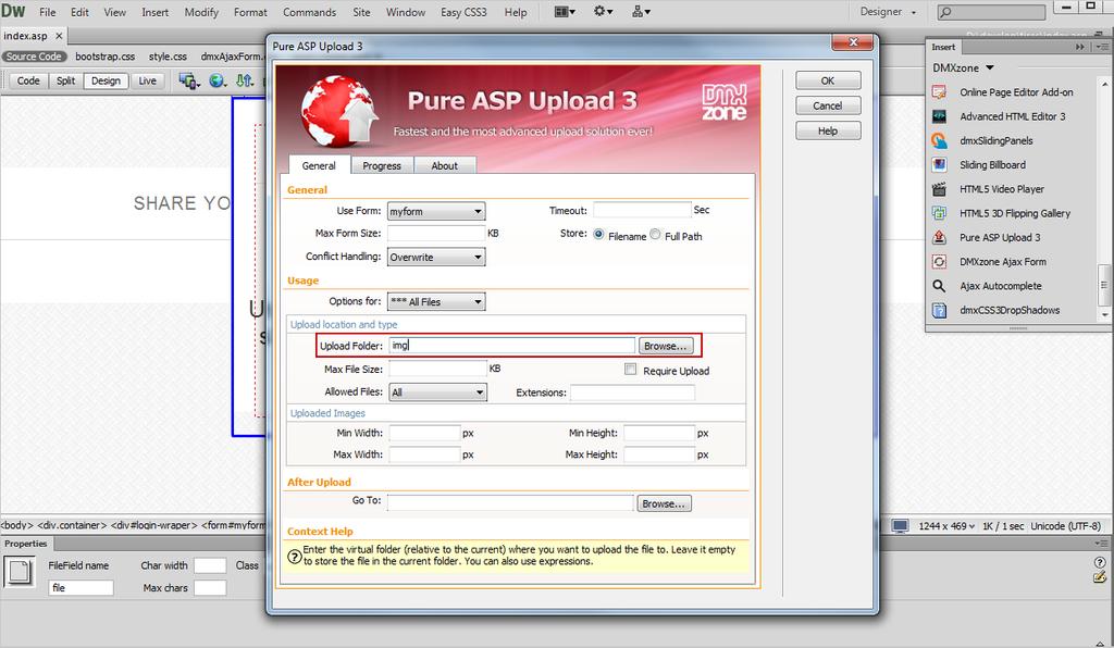 2. In the Pure ASP Upload 3 window, set your