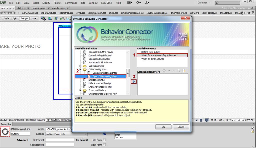 2. In the Behaviors connector window, select when the form is successfully