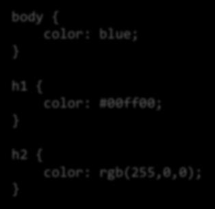 Text Color body { color: blue; h1 { color: #00ff00; h2 { color: rgb(255,0,0); Text Font p { CSS Properties Text Alignment h1 { text-align: center; p.date { text-align: right; p.
