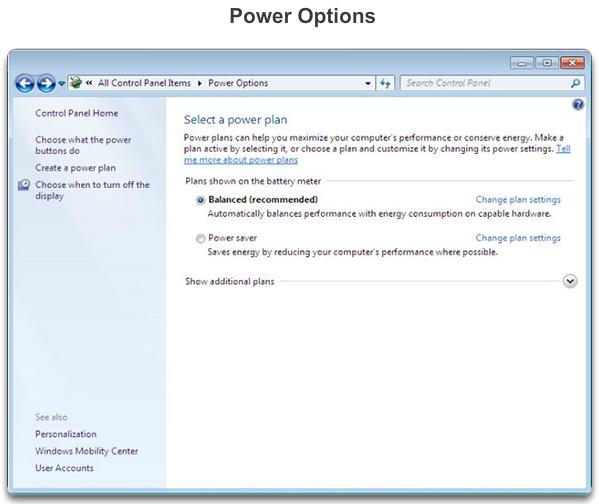 NOTE: Power Options automatically detects some devices that are connected to the computer. Therefore, the Power Options windows will vary based on the hardware that is detected.