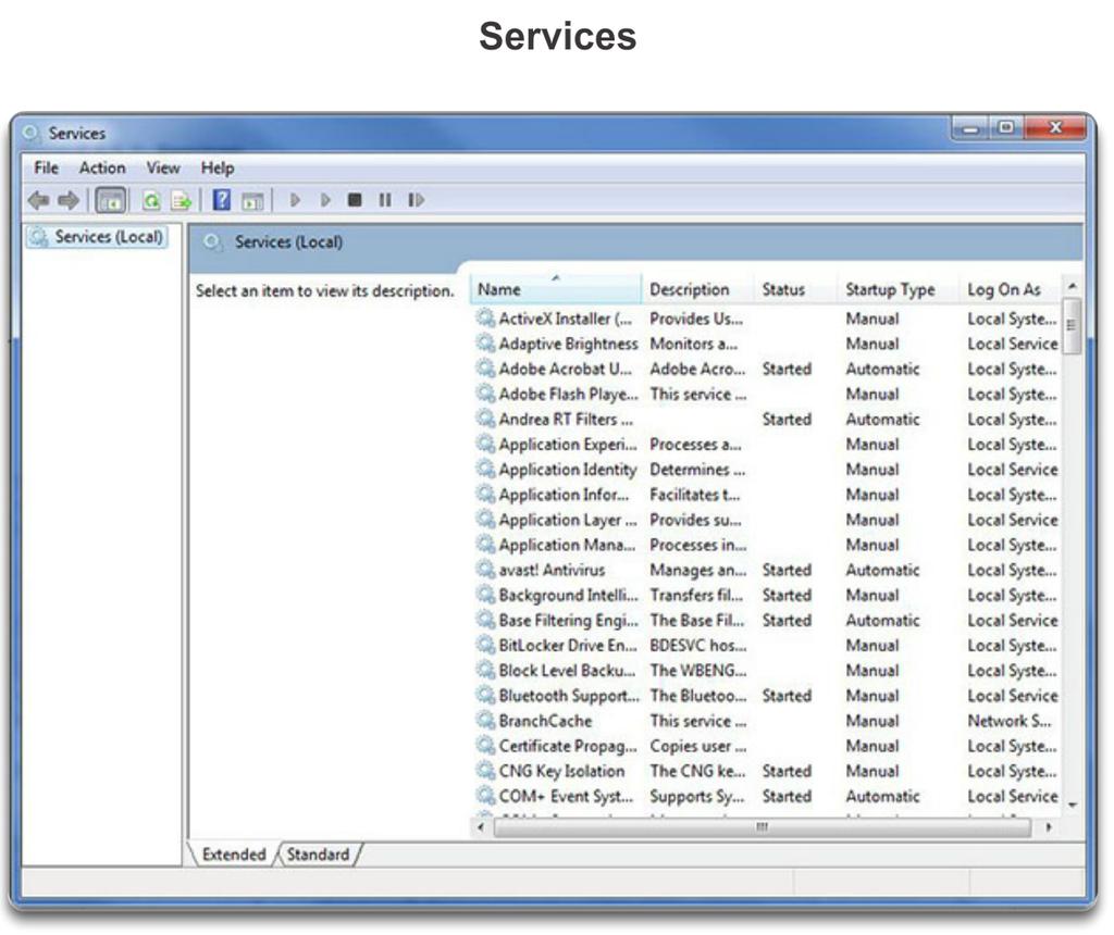 Services The Services console, as shown in the figure, allows you to manage all the services on your computer and remote computers.