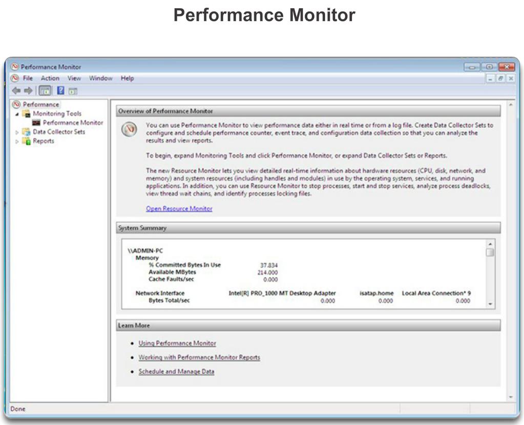 Performance and Windows Memory Diagnostic The Performance Monitor console, as shown in the figure, has two distinct parts: the System Monitor and Performance Logs and Alerts.
