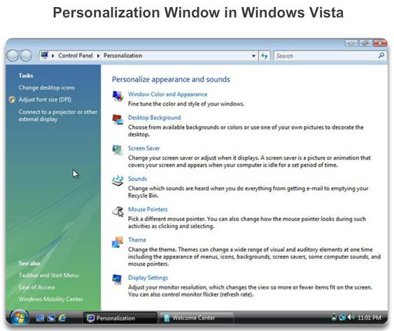 The Personalization window in Windows Vista has seven links, as shown in Figure 2, that allow users to adjust window color