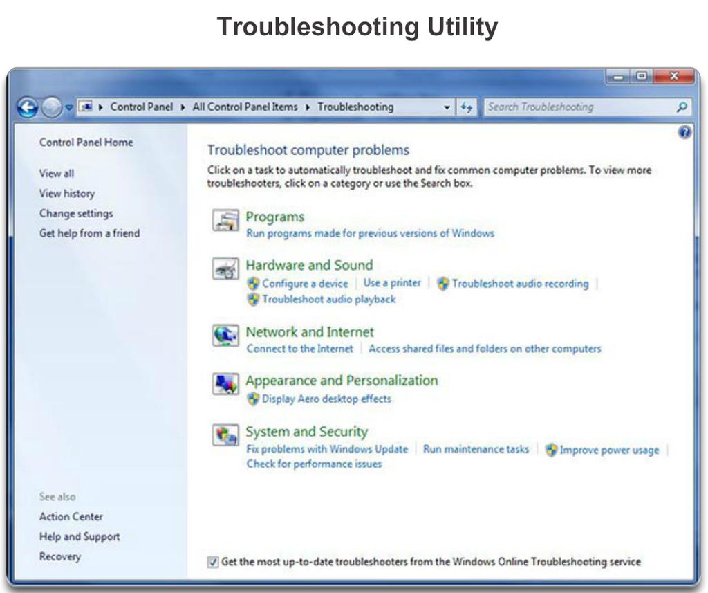 Troubleshooting The Troubleshooting utility, shown, allows you to troubleshoot problems within the following categories: Programs - Solve compatibility issues with programs made for prior versions of