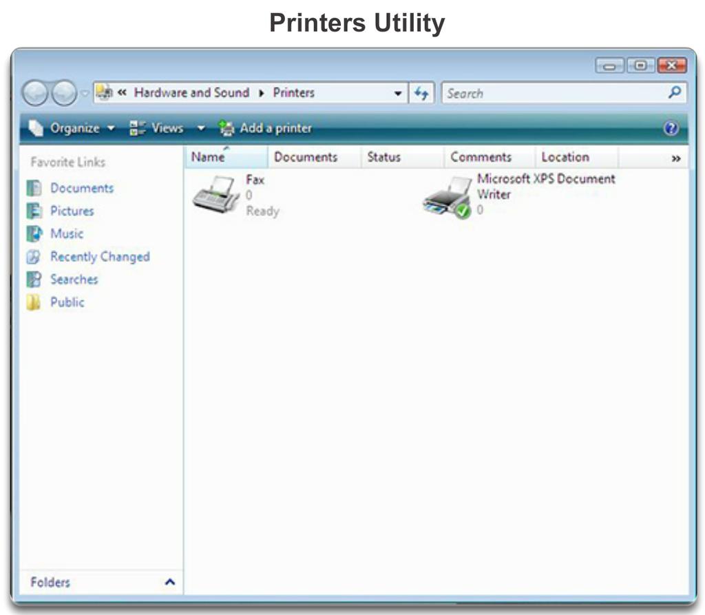 the following path: Start > Control Panel > Problem Reports and Solutions Printers The Printers utility, as shown, allows you to add, remove, and configure printers.