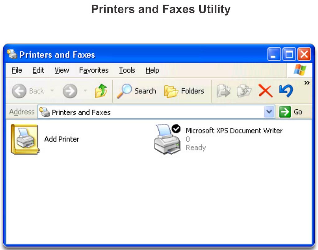 To access the Add/Remove Programs utility in Windows XP, use the following path: Start > Control Panel > Add/Remove Programs Printers and Faxes The Printers and Faxes