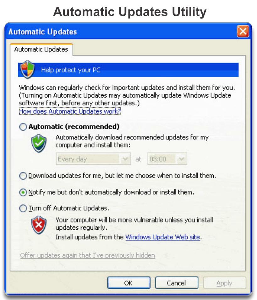 Start > Control Panel > Printers and Faxes Automatic Updates The Automatic Updates utility ensures that the OS and applications are constantly being updated for security purposes and added