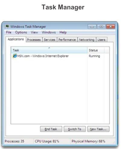 Task Manager The Task Manager, shown in the figure, allows you to view all applications that are running and to close any applications that have stopped responding.