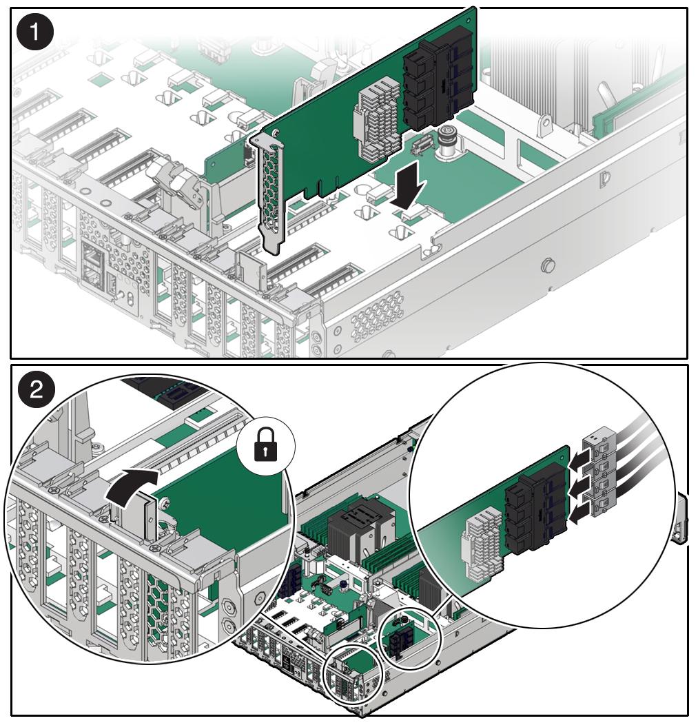 Install a PCIe Card You will hear an audible click when the PCIe card is secured into the slot. 5. Reconnect the cables to the PCIe card that you unplugged during the removal procedure [2].