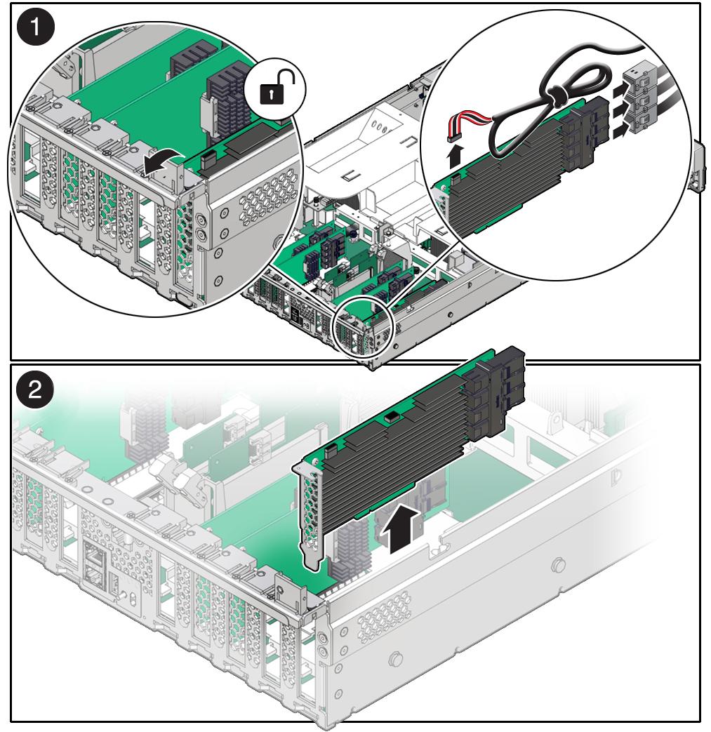 Remove the Internal HBA Card and HBA Super Capacitor 3. Rotate the PCIe card locking mechanism, and then lift up on the PCIe HBA card to disengage it from the motherboard connectors [1]. 4.