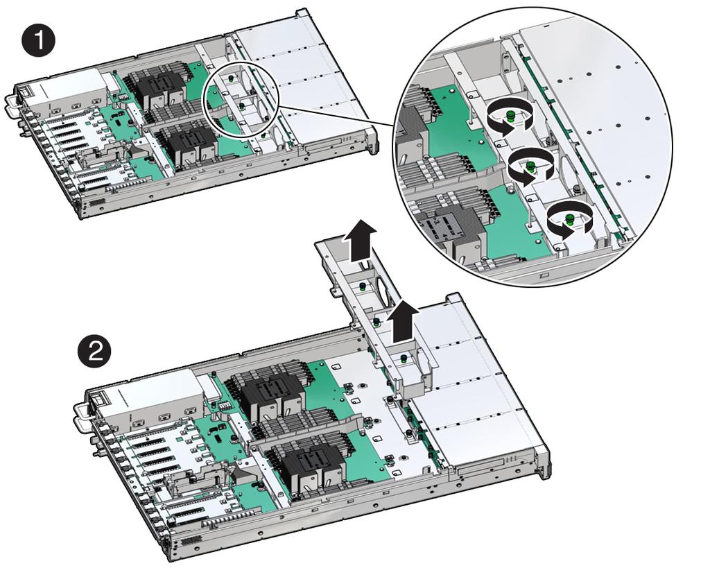 Remove the Fan Tray Remove the Fan Tray This procedure should be performed only when servicing the following field-replaceable units (FRUs): Disk backplane SAS cables NVMe cables Temperature sensor