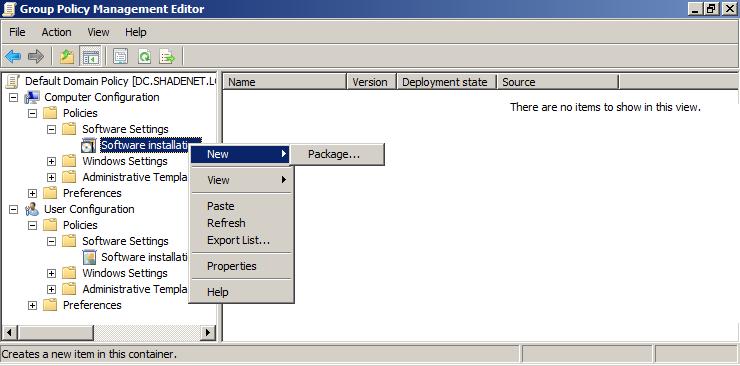 In the GPO, navigate to Computer Configuration > Policies > Software Settings > Software Installation : 4. Right-click Software Installation, point to New, and click Package: 5. 6.