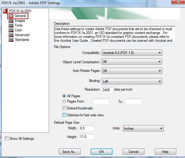 Select General: 1. Select Acrobat 6.0 (PDF 1.5) from the Compatability: drop down menu. 2.