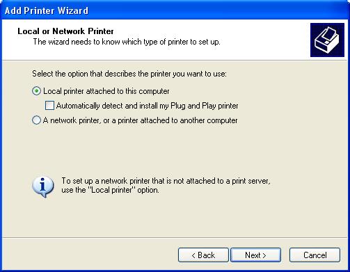 TCP/IP Printing for Windows XP Select the first option, Local printer