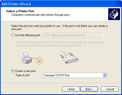 TCP/IP Printing for Windows XP Click the second option, Create a new port, and select