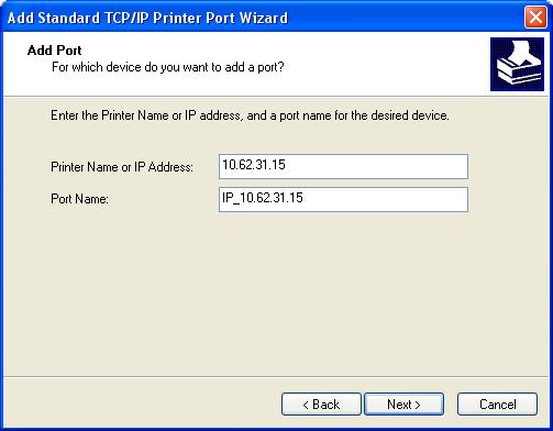 TCP/IP Printing for Windows XP In the Hostname or IP address field, type the IP address of the MFP server (e.g. 10.62.31.