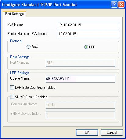 TCP/IP Printing for Windows XP The following screen will display, select LPR from the Protocol field.