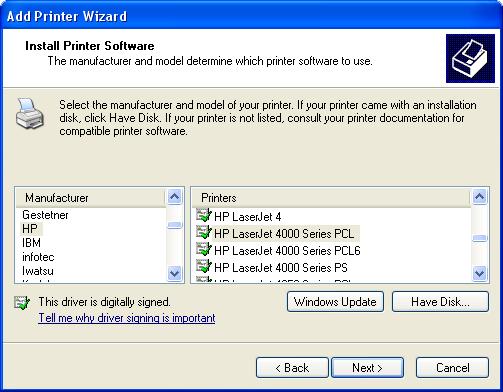 TCP/IP Printing for Windows XP In the next screen highlight the printer you wish to add.