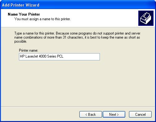 TCP/IP Printing for Windows XP At this screen, you can input a name