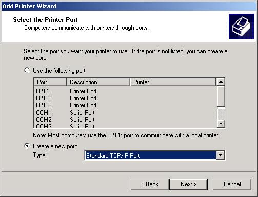 TCP/IP Printing for Windows 2000 Click Next if the New Printer Detection screen pops up.