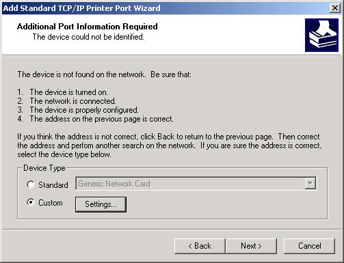 TCP/IP Printing for Windows 2000 Select Custom