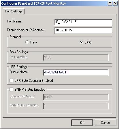 TCP/IP Printing for Windows 2000 The following screen will display, select LPR from the Protocol field.