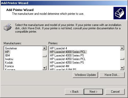 TCP/IP Printing for Windows 2000 In the next screen highlight the printer you wish to add.