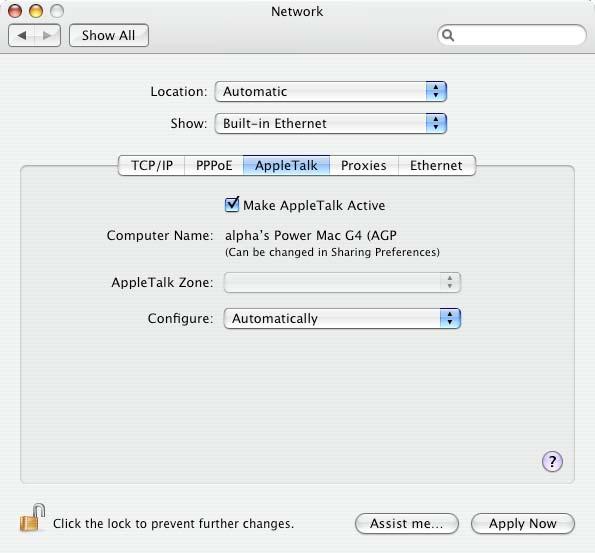 Setting up Printing in Mac OS X Tiger (10.4.9) Select the Apple Talk tab in the Network menu. Check the box labeled Make Apple Talk Active.