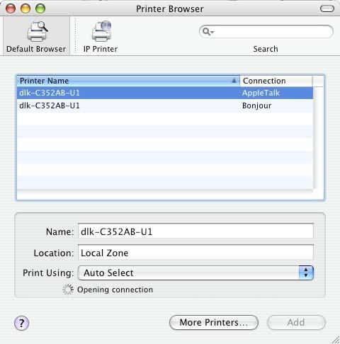 Setting up Printing in Mac OS X Tiger (10.4.9) Select the printer model from Printer Name list and Connection type in the Printer Browser menu.