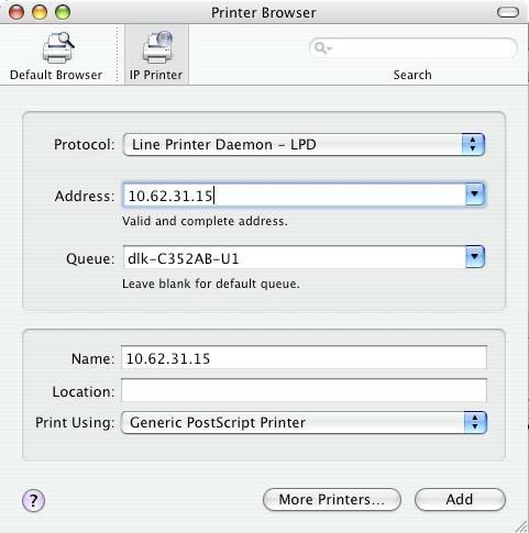Setting up Printing in Mac OS X Tiger (10.4.9) To set up LPD Printing: 1. Enter the IP address of the print server to which the printer is attached in the Address field. 2.