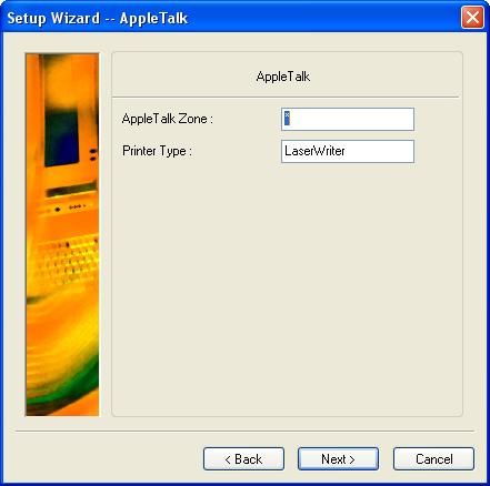 Using the PS Software AppleTalk Settings (Optional) Enter the AppleTalk Zone or just type * if your AppleTalk network is not